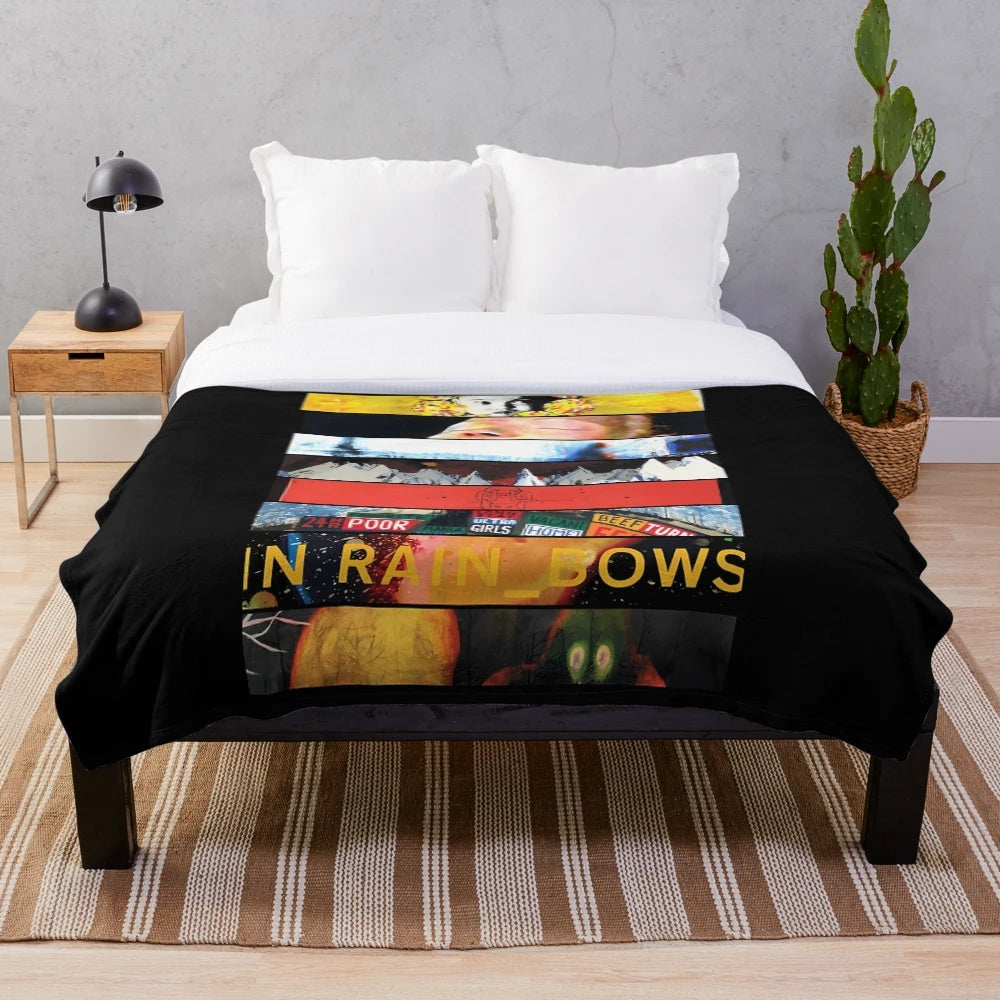 Vintage-inspired plush blanket featuring Radiohead's iconic album art and band logo