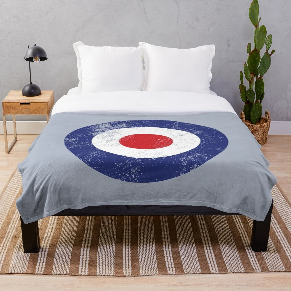 Vintage-inspired RAF Type D roundel plush blanket with mod target logo design