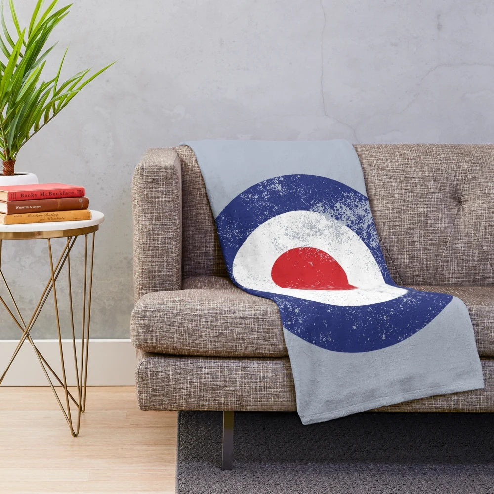 Vintage-inspired RAF Type D roundel plush blanket with mod target logo design