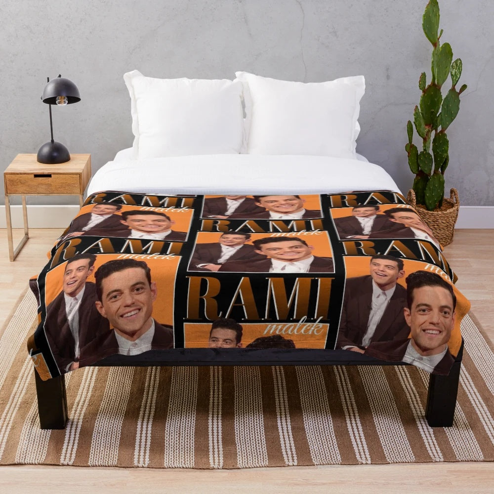 Vintage style plush blanket featuring Rami Malek, the actor from Bohemian Rhapsody and Mr. Robot
