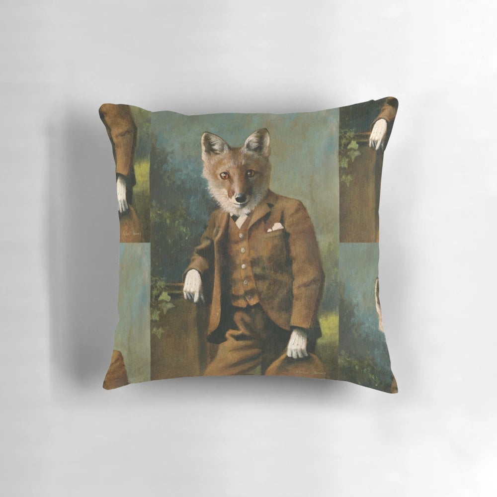 Vintage-style illustrated red fox pillow with an anthropomorphic, whimsical design