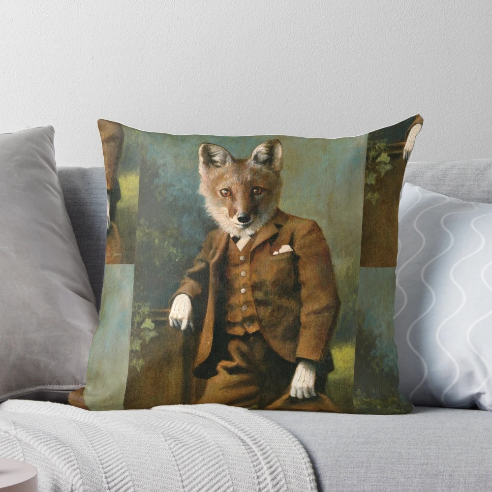 Vintage-style illustrated red fox pillow with an anthropomorphic, whimsical design
