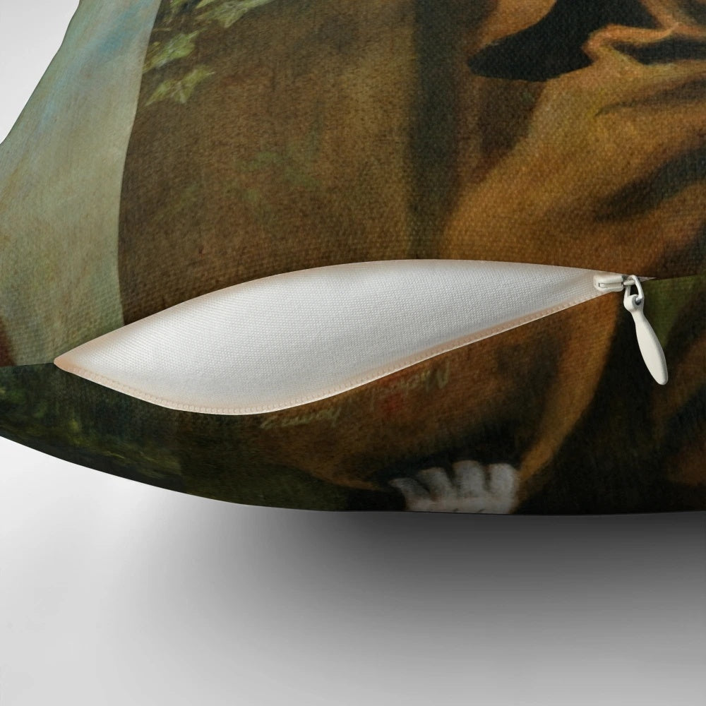 Vintage-style illustrated red fox pillow with an anthropomorphic, whimsical design