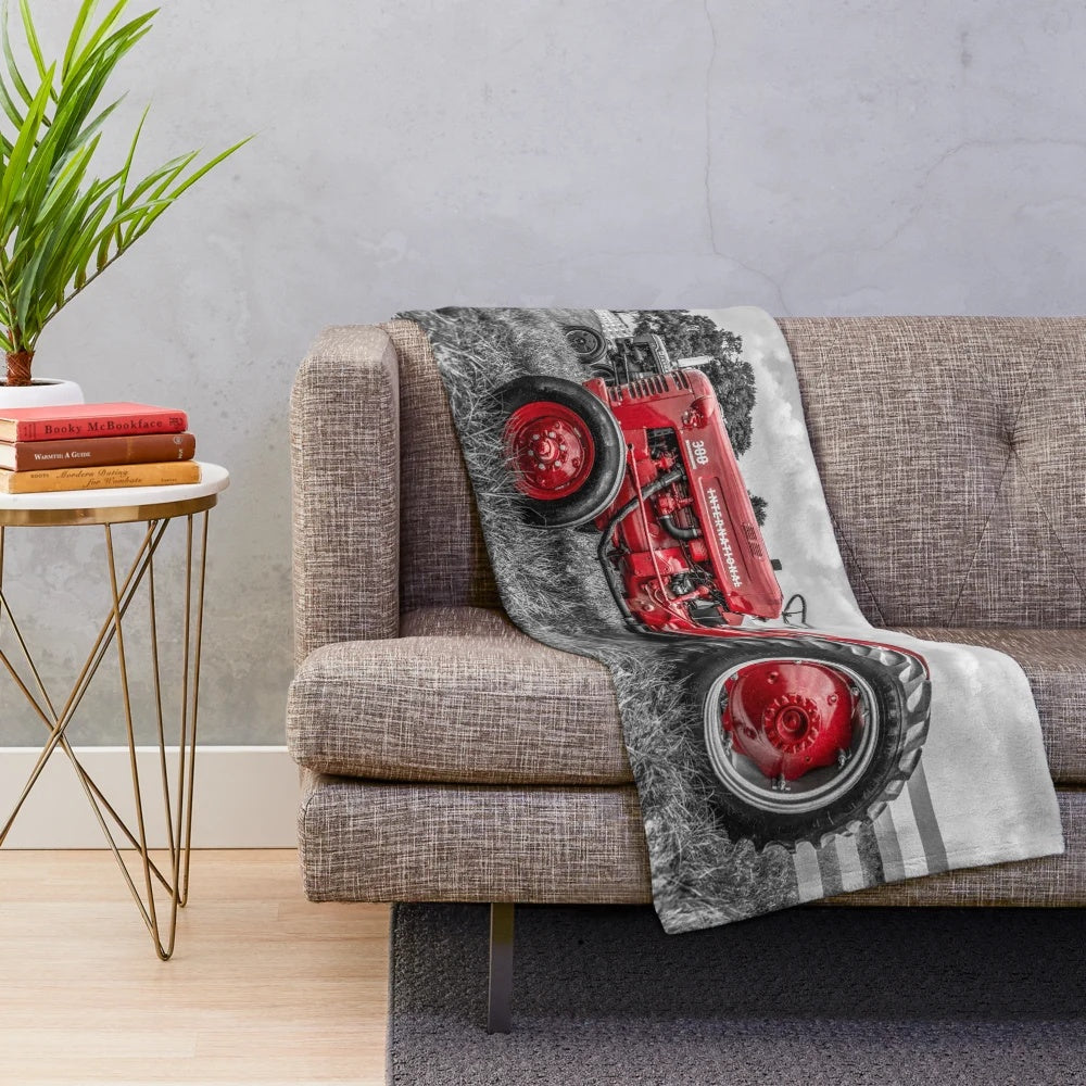 Vintage-inspired red tractor plush blanket