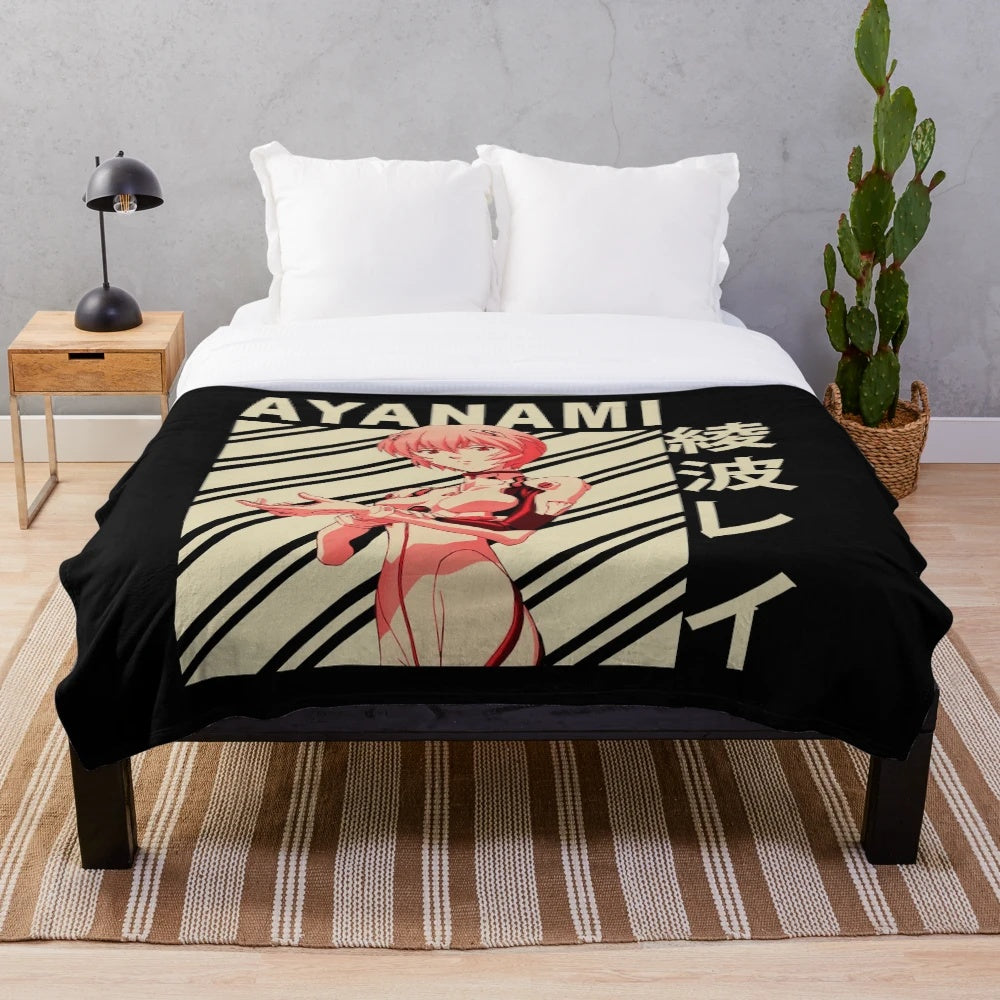 Rei Ayanami plush blanket with vintage-style art from the Evangelion anime series