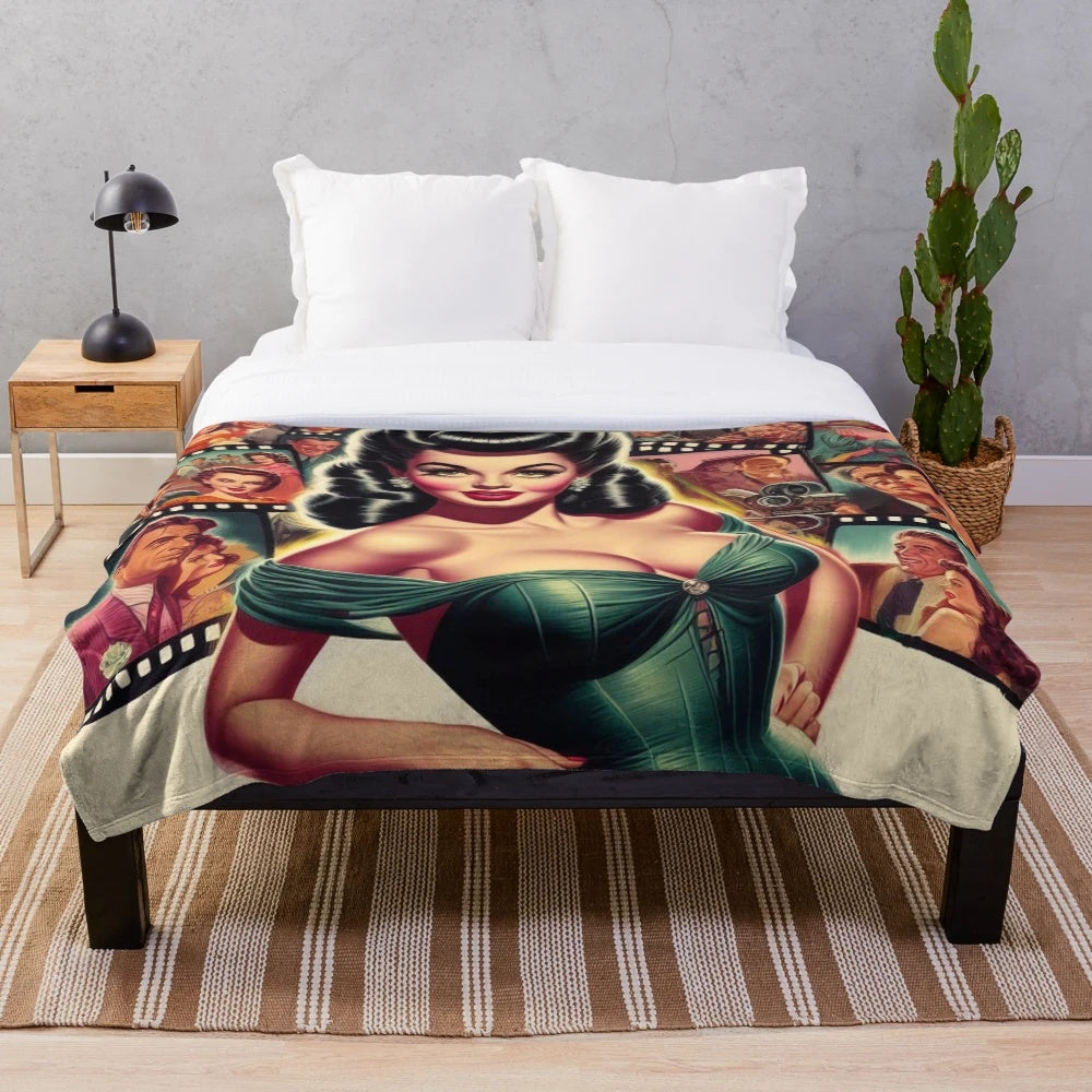 Vintage-inspired retro cinema plush blanket featuring a glamorous pin-up style design
