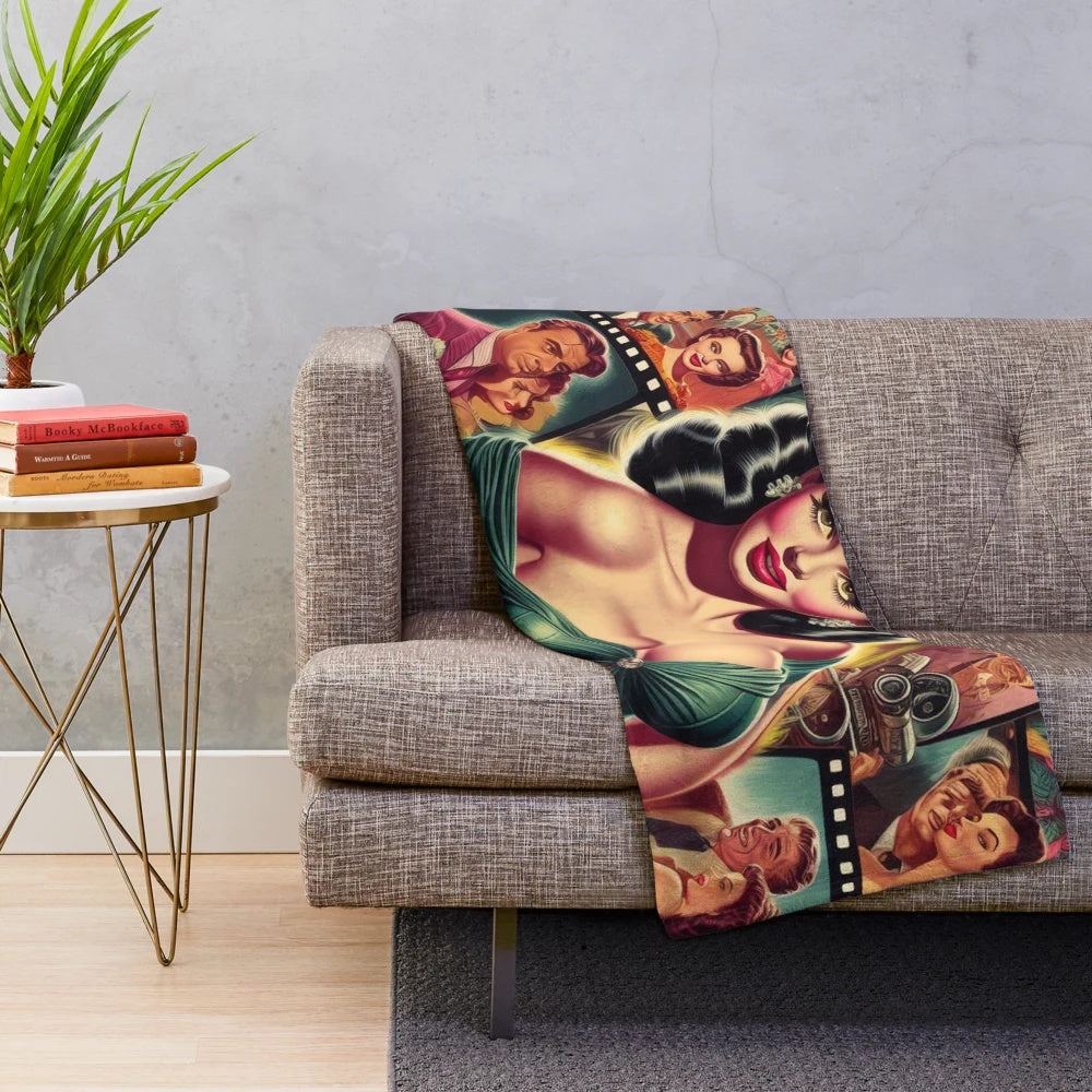 Vintage-inspired retro cinema plush blanket featuring a glamorous pin-up style design