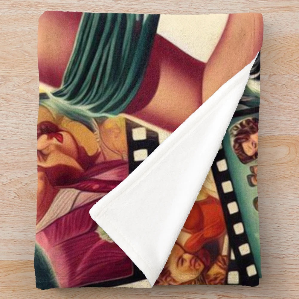 Vintage-inspired retro cinema plush blanket featuring a glamorous pin-up style design