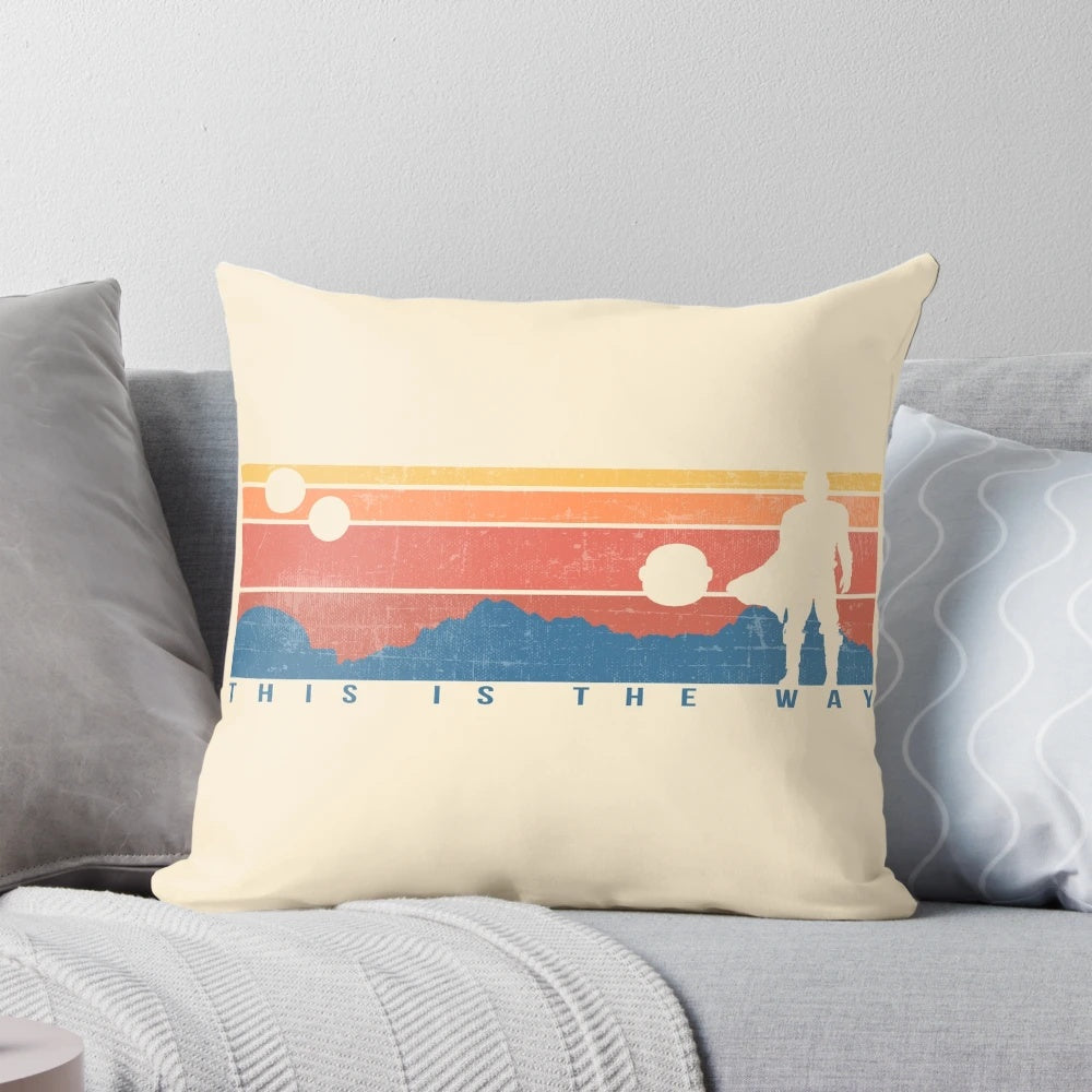 Vintage-style retro pillow featuring a sunset/sunrise design with Mandalorian-inspired elements