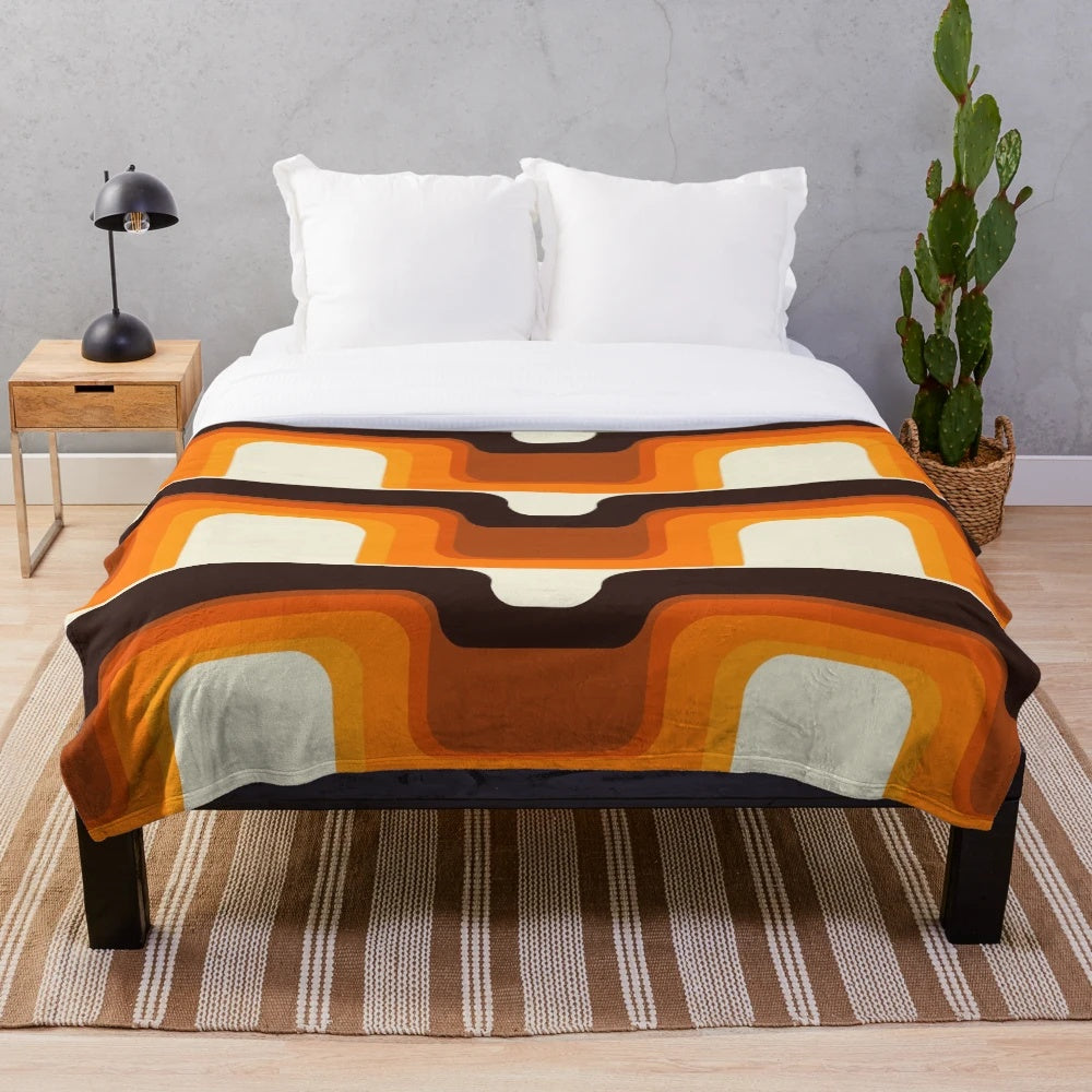 Vibrant orange retro plush blanket with midcentury modern inspired design