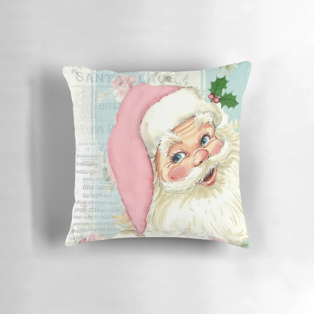 Vintage-style Santa Claus pillow with music, featuring a retro and shabby chic design in pink and blue colors.