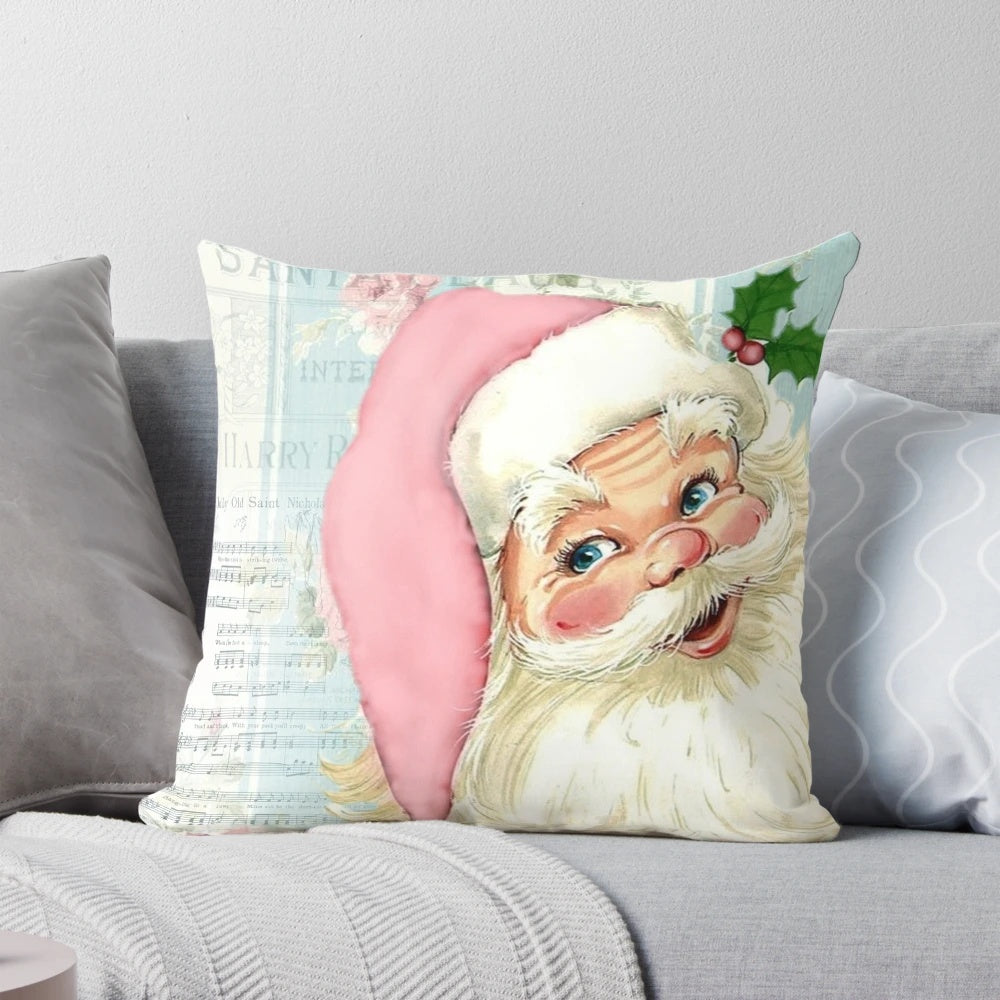 Vintage-style Santa Claus pillow with music, featuring a retro and shabby chic design in pink and blue colors.