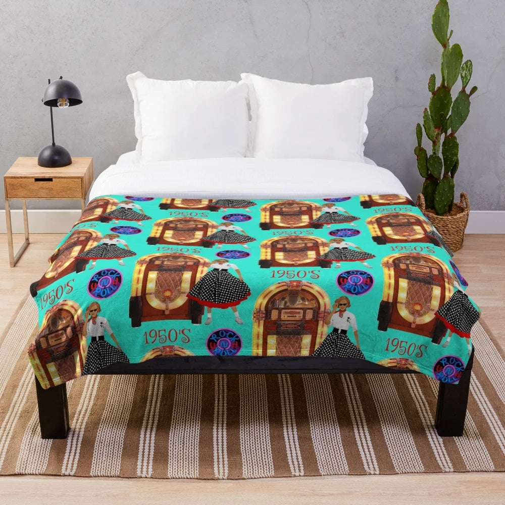 Vintage-inspired rock and roll jukebox plush blanket