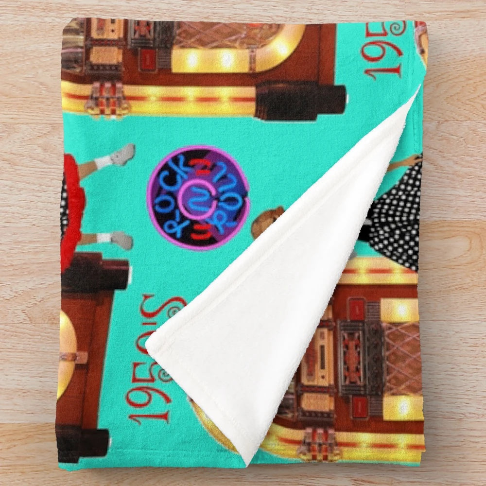 Vintage-inspired rock and roll jukebox plush blanket