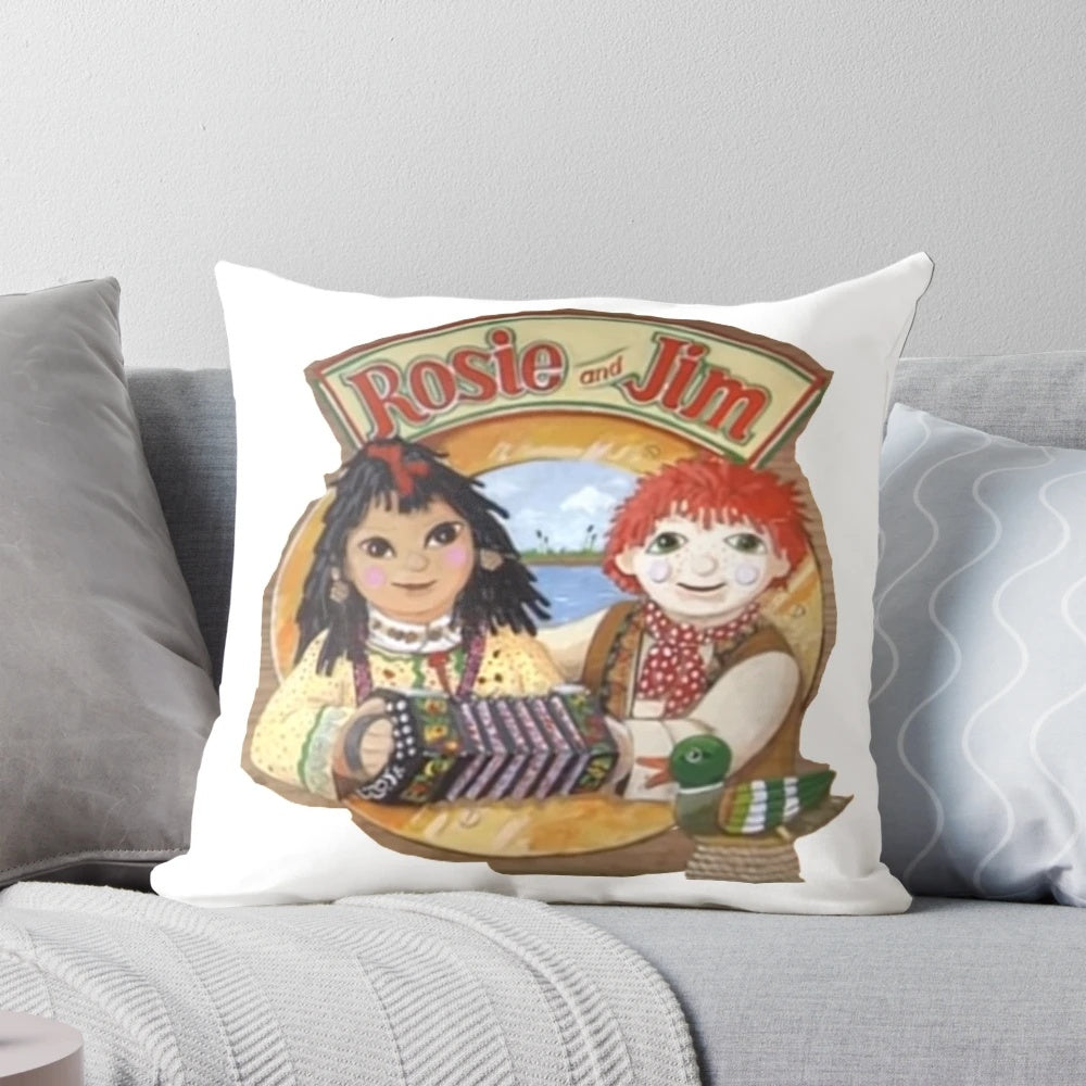 Vintage-style decorative throw pillow featuring characters from the classic 80s/90s children's TV show Rosie and Jim