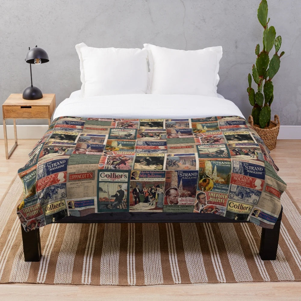 Sherlock Holmes-themed plush blanket featuring vintage magazine designs