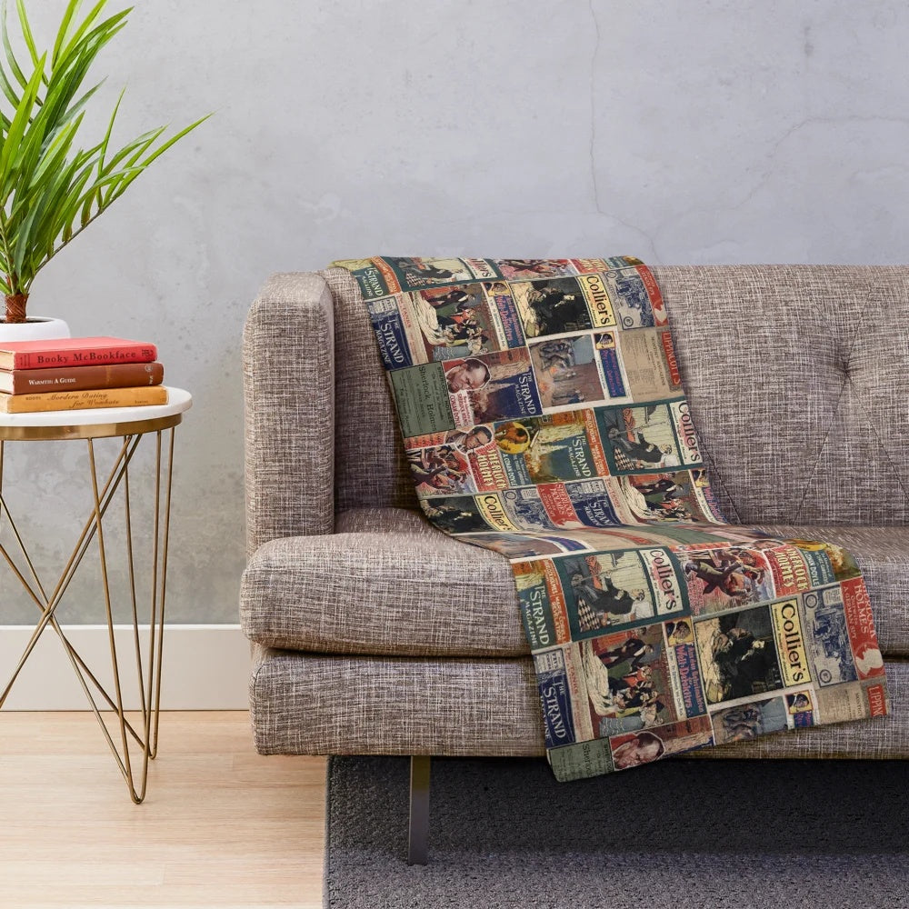 Sherlock Holmes-themed plush blanket featuring vintage magazine designs
