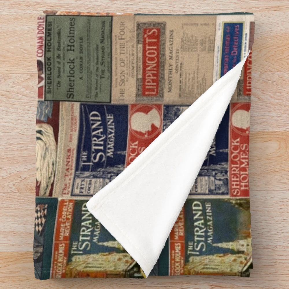 Sherlock Holmes-themed plush blanket featuring vintage magazine designs