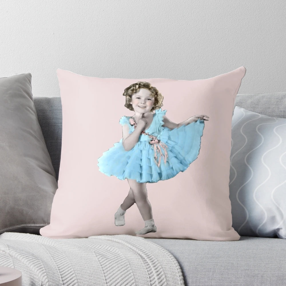 Shirley Temple Frills Pillow in pink and blue with frilly design and vintage movie star appeal