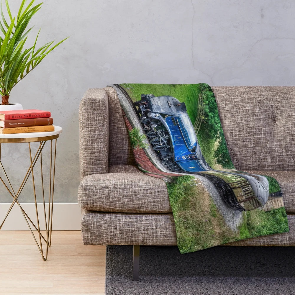 Vintage steam locomotive-themed plush blanket featuring Sir Nigel Gresley design