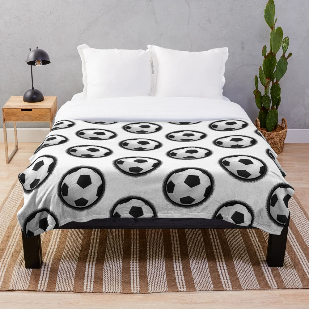Soft and cozy soccer-themed plush blanket with a vintage halftone design