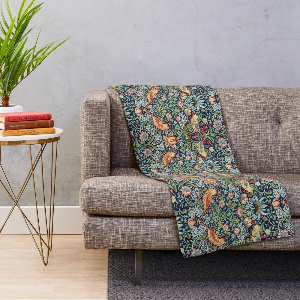 Vintage-Inspired Strawberry Thief Plush Blanket with William Morris Botanical Floral Pattern