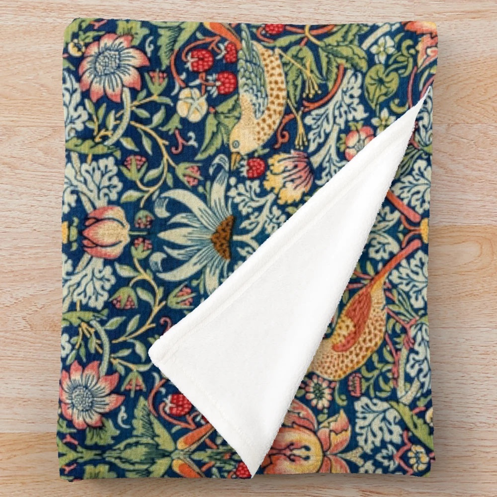 Vintage-Inspired Strawberry Thief Plush Blanket with William Morris Botanical Floral Pattern