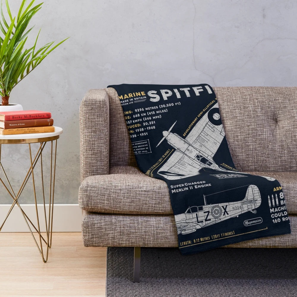 Vintage-inspired plush blanket featuring the iconic Supermarine Spitfire fighter plane from World War II