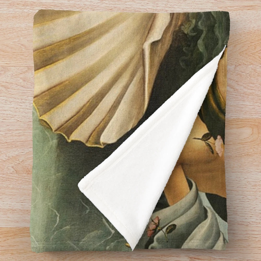 Sandro Botticelli-inspired plush blanket featuring the Greek goddess Venus emerging from the sea