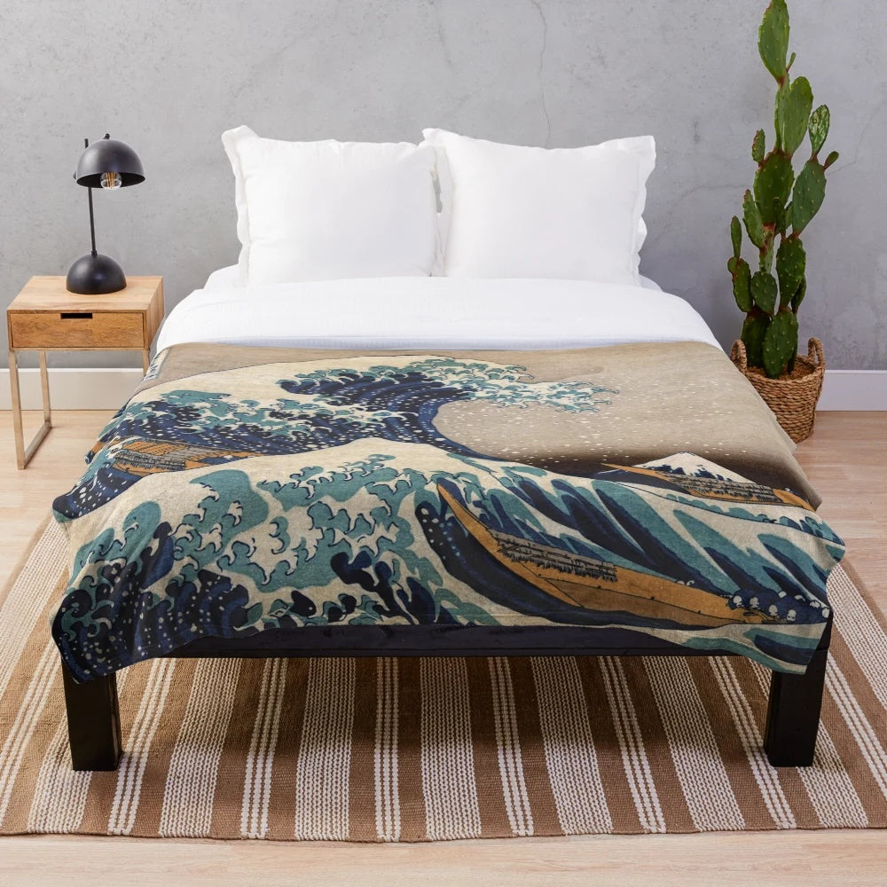 Plush blanket featuring the iconic "The Great Wave off Kanagawa" Japanese woodblock print