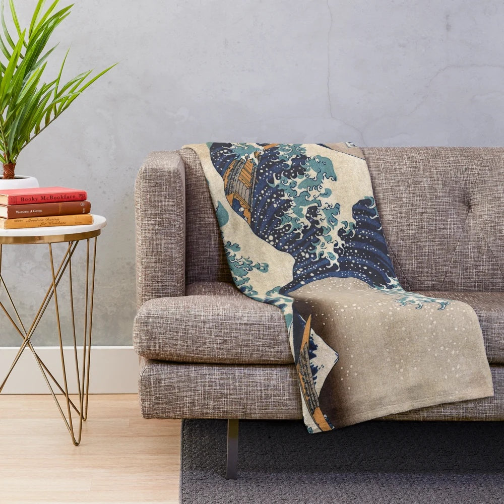 Plush blanket featuring the iconic "The Great Wave off Kanagawa" Japanese woodblock print