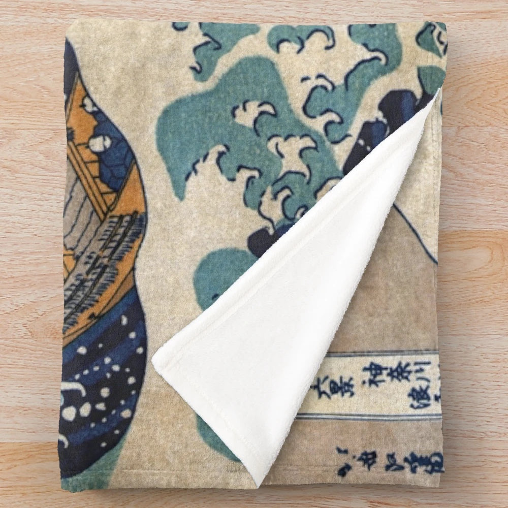 Plush blanket featuring the iconic "The Great Wave off Kanagawa" Japanese woodblock print