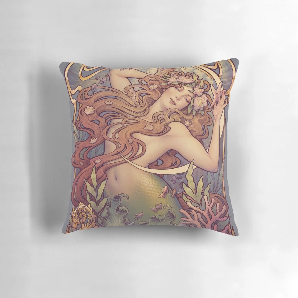 Andersen's "The Little Mermaid" inspired art nouveau-style pillow with seaweed, siren, and mermaid imagery