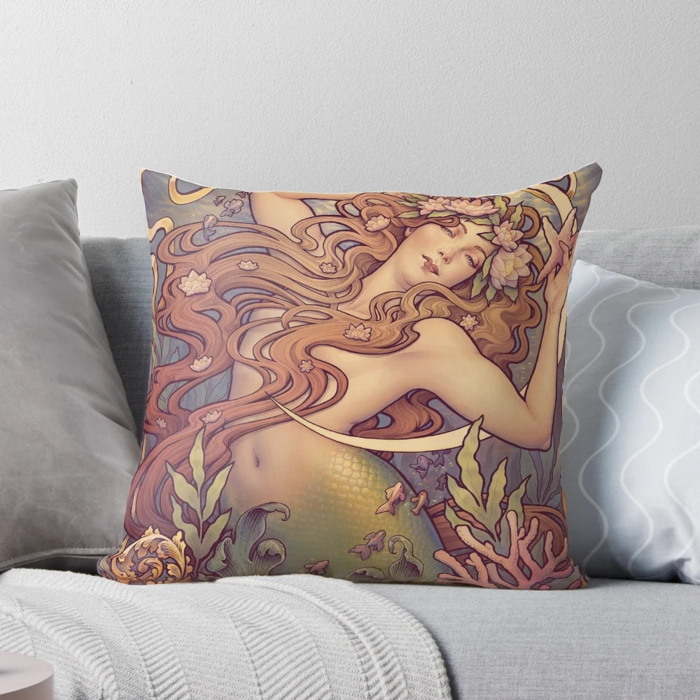Andersen's "The Little Mermaid" inspired art nouveau-style pillow with seaweed, siren, and mermaid imagery