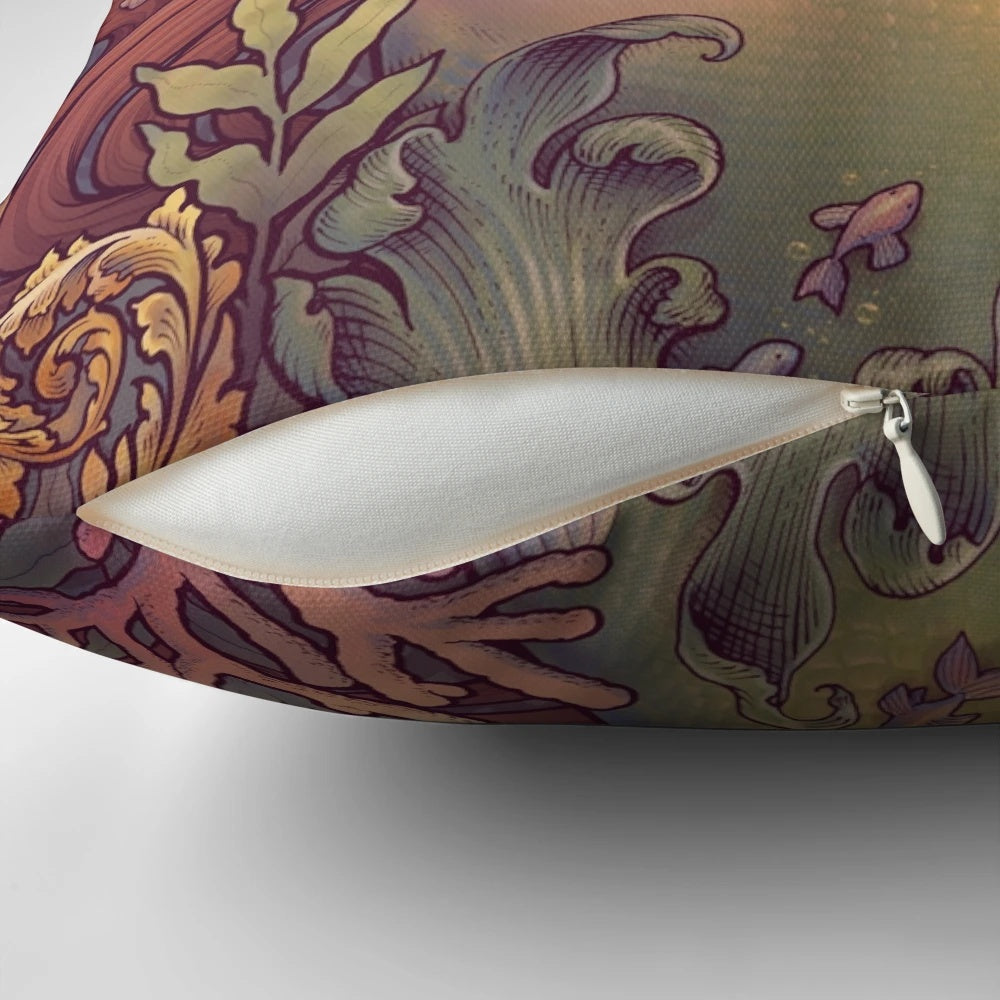 Andersen's "The Little Mermaid" inspired art nouveau-style pillow with seaweed, siren, and mermaid imagery