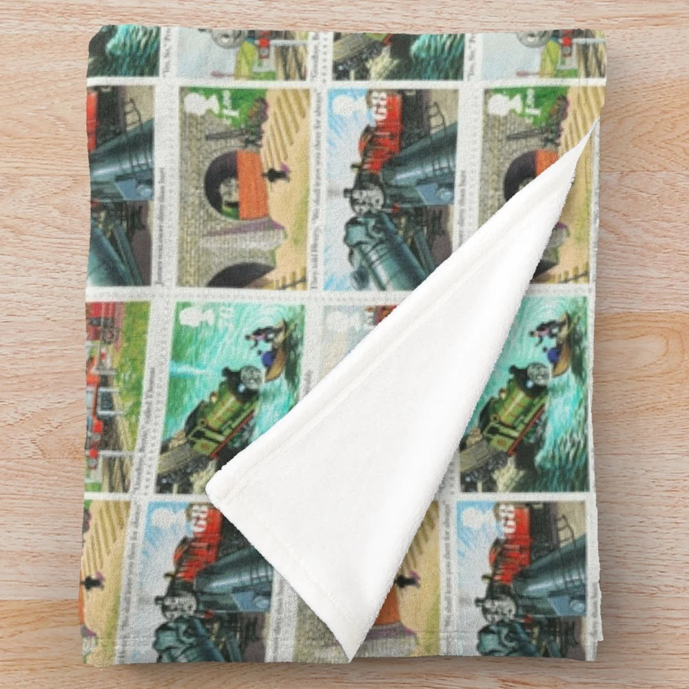 Vintage-style Thomas the Tank Engine plush blanket featuring nostalgic Royal Mail stamps