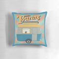 Vintage-inspired throw pillow featuring a retro touring caravan design