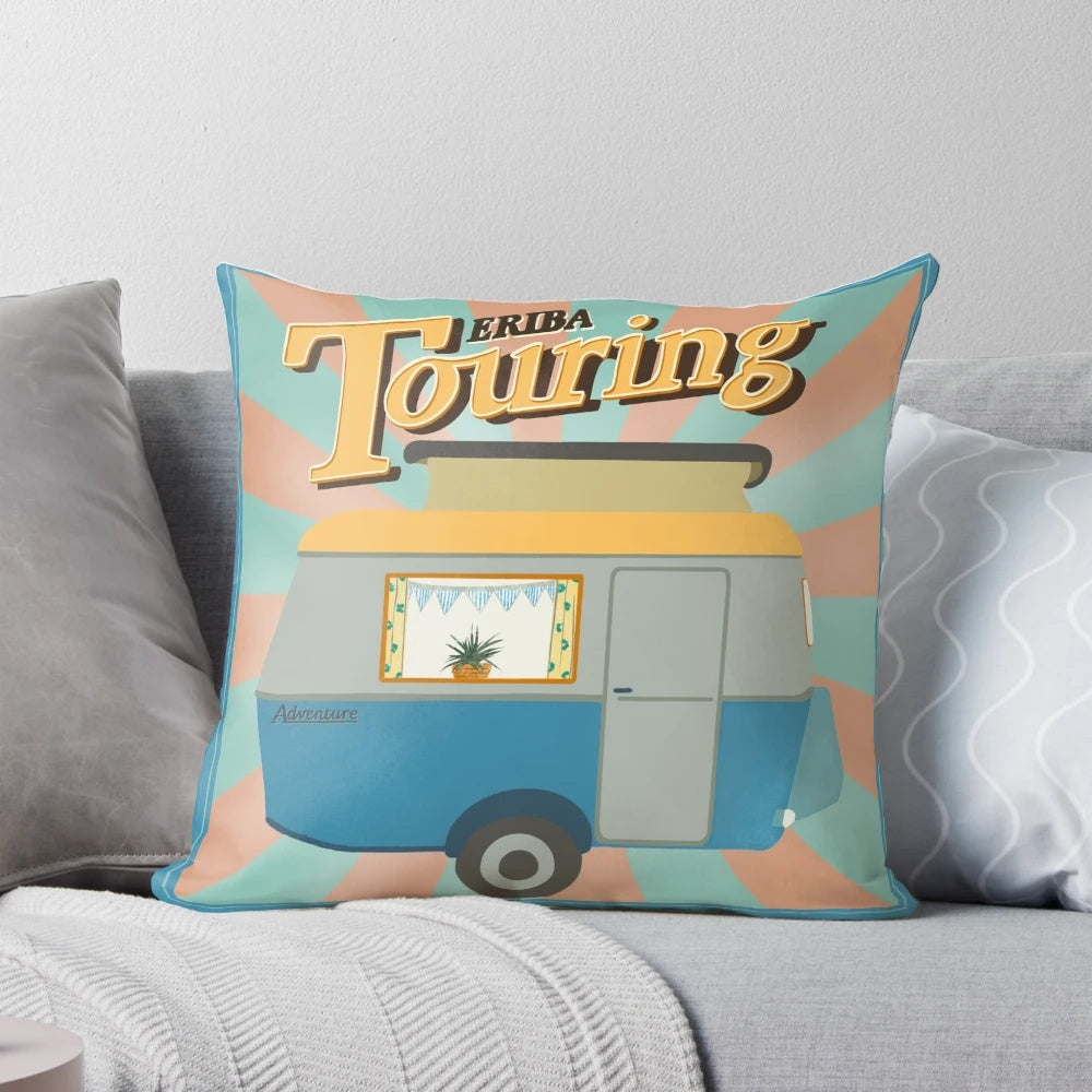 Vintage-inspired throw pillow featuring a retro touring caravan design