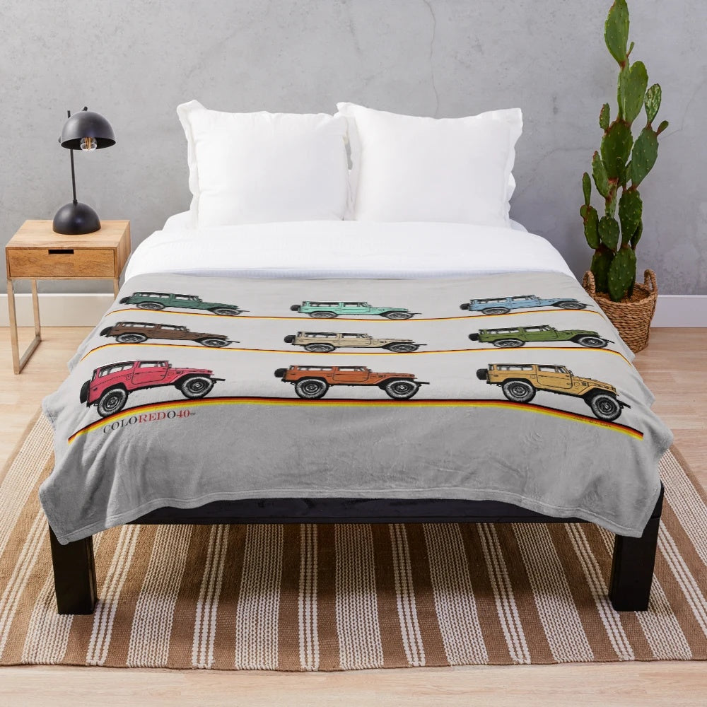 Vintage-inspired Toyota FJ40 Land Cruiser plush blanket with hand-drawn design