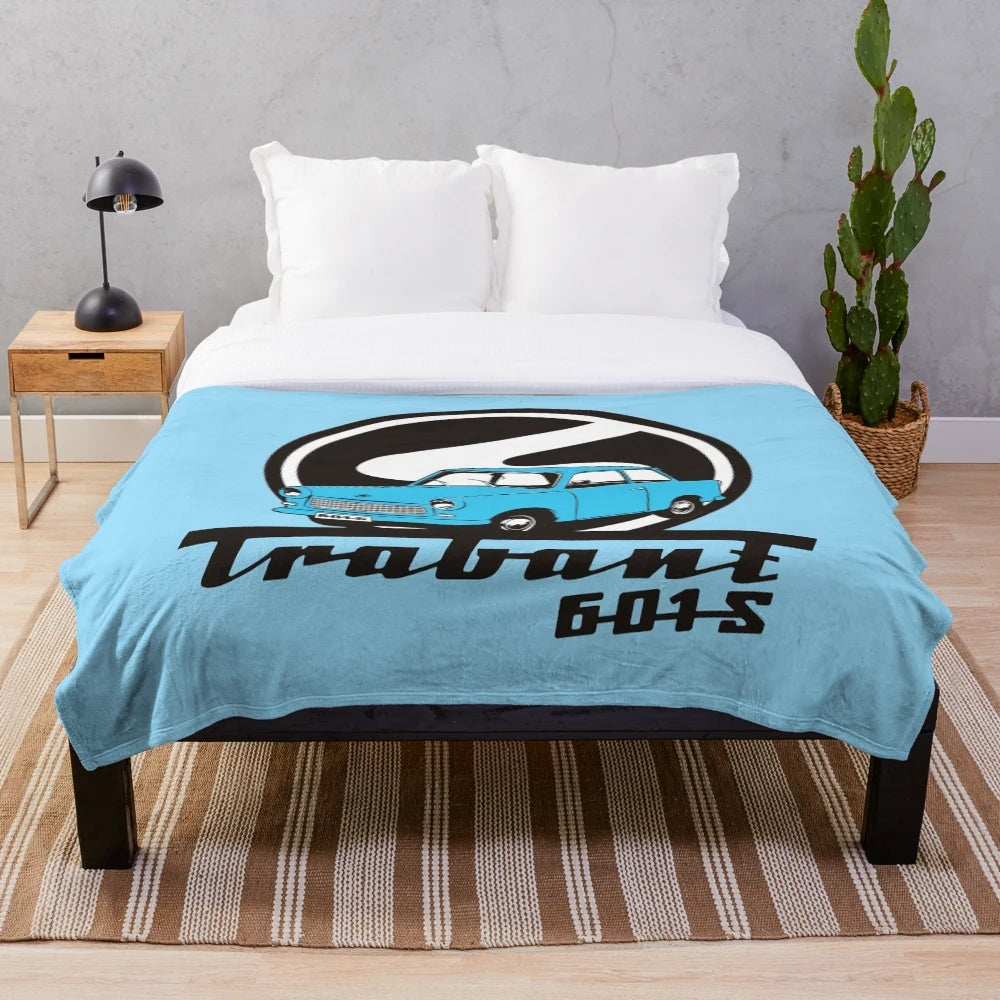 Cozy plush blanket featuring the iconic TRABANT 601 car from East Germany