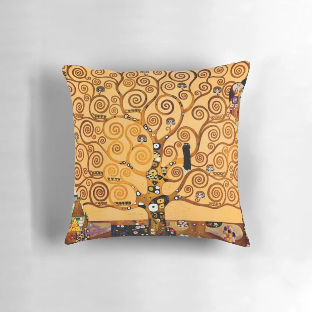 Vintage-styled fine art pillow featuring Gustav Klimt's famous Tree of Life artwork