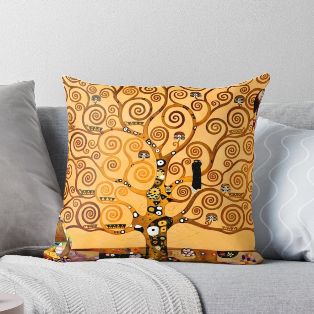 Vintage-styled fine art pillow featuring Gustav Klimt's famous Tree of Life artwork