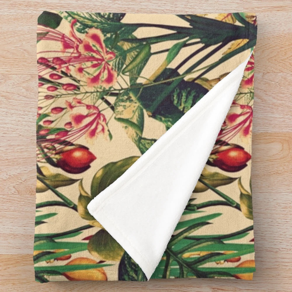 Vintage-inspired tropical floral plush blanket with jungle leaves and flowers
