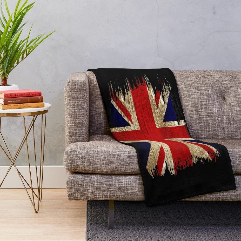 Vintage Union Jack plush blanket with a retro, grunge-style texture