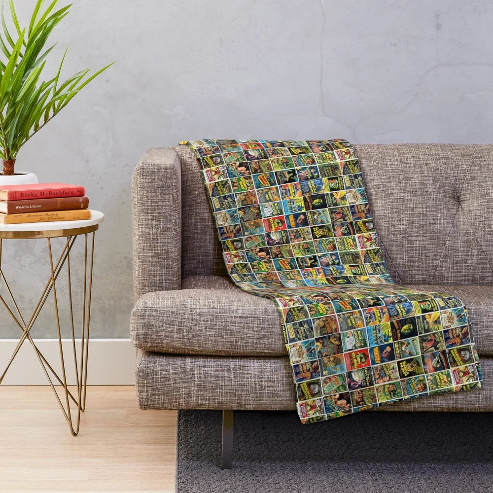 Vintage-inspired universal monsters collage graphic on a plush blanket