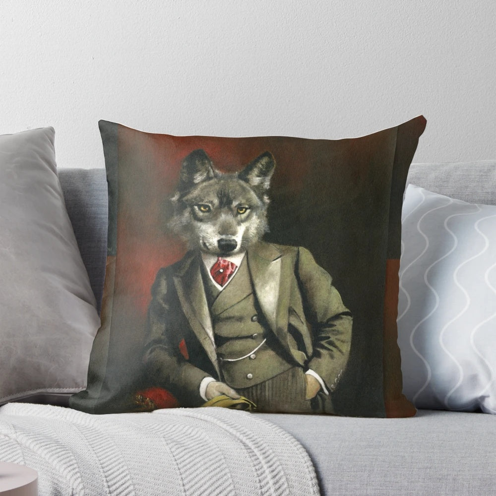 A vintage-style illustration of a gray wolf or timber wolf, depicted as a distinguished gentleman in a Victorian-era outfit.