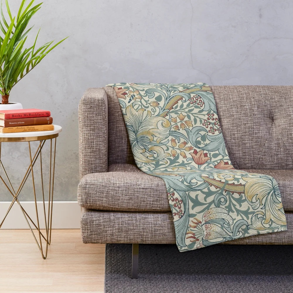 Plush blanket featuring vintage-inspired William Morris botanical and floral art