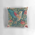 Vibrant hummingbird and floral pattern on a plush, soft pillow with a vintage-inspired, art nouveau design.