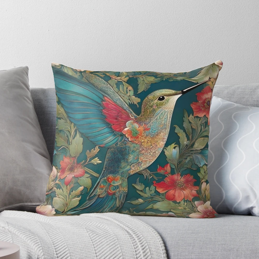 Vibrant hummingbird and floral pattern on a plush, soft pillow with a vintage-inspired, art nouveau design.