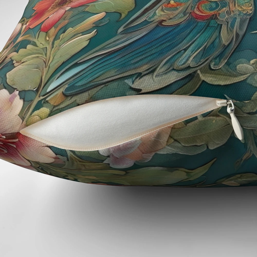 Vibrant hummingbird and floral pattern on a plush, soft pillow with a vintage-inspired, art nouveau design.